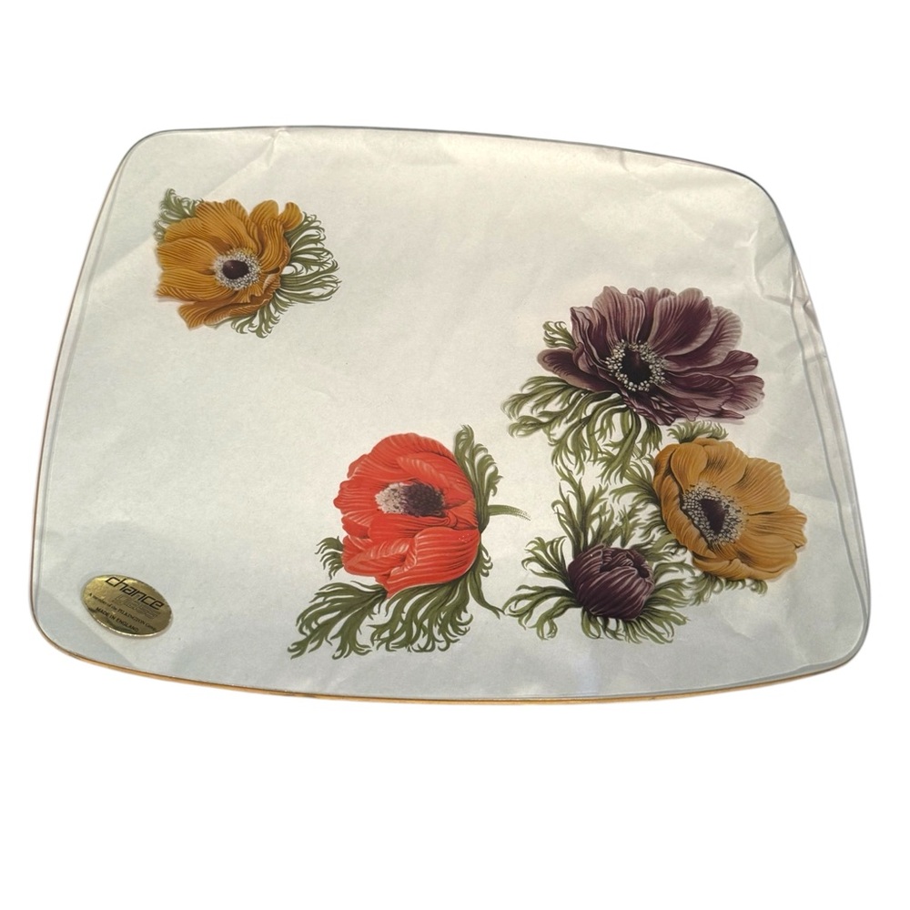 Chance Clear Glass Decorative Tray Vintage England Floral hand painted flowers